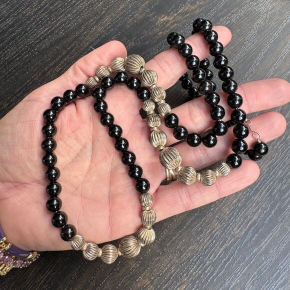 Vintage Sterling Silver Native Pearl Black Onyx Beaded Necklace 34in Chain 925 - Picture 15 of 16